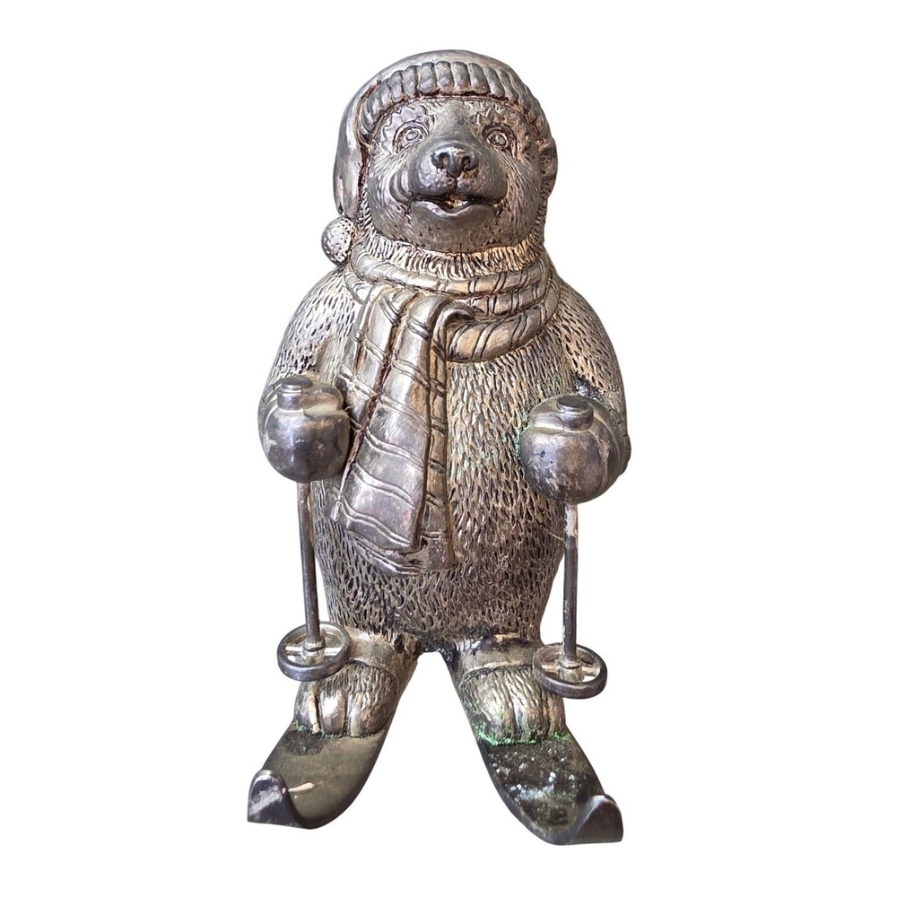 Vintage Silver Tone Metal Skiing Bear Figurine Winter Holiday Decor‎ 7 Inch
